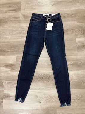 KanCan Dark Blue High Rise Skinny Button-Fly Jeans with Frayed Hem